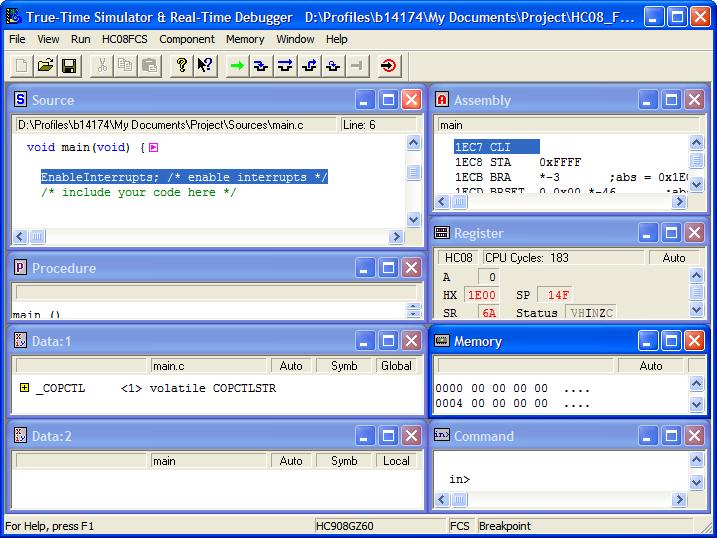 True-Time Simulator & Real-Time Debugger Window The Source and Assembly panes display the main.c program and code. 2. Set breakpoint a.