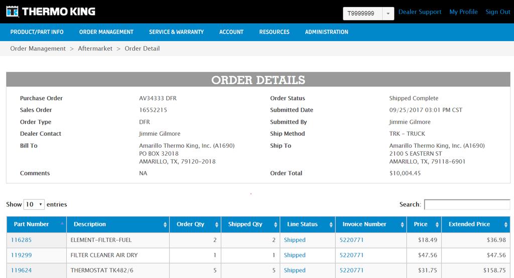 Order Management > Aftermarket > Order Detail Opens the Shipment Inquiry page for this line. Filter the order lines by entering information from ANY column.
