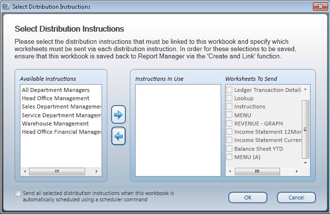 Select Instructions Once the distribution instructions have been set up, the instructions need to be linked to the report, and the worksheets which the instructions must apply to, need to be selected.