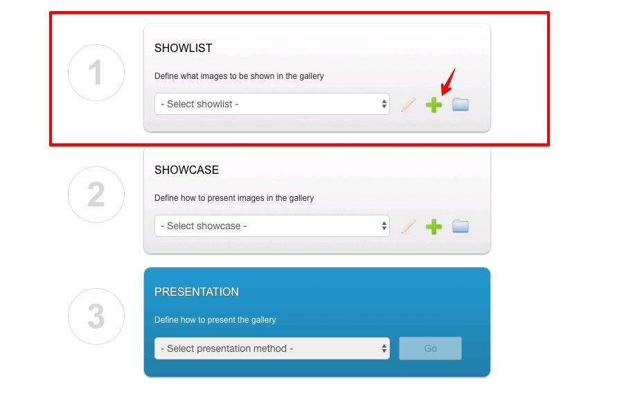 In the Launch Pad page of JSN ImageShow, click Plus icon in the Showlist box.