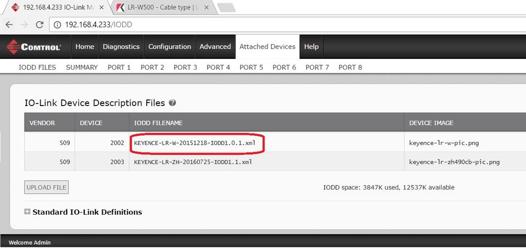 6. The IODD Files page now displays the IODD files loaded on the IO-Link Master. 7.