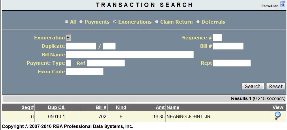 exoneration information. Clicking on Go to Search will bring up the Transaction Search screen. Note: This transaction search will only search through the open batch.