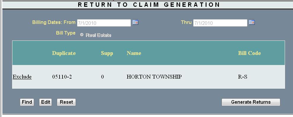 Clicking Generate brings up the Return to Claim Generation screen. You need to enter the From and To Billing Dates.