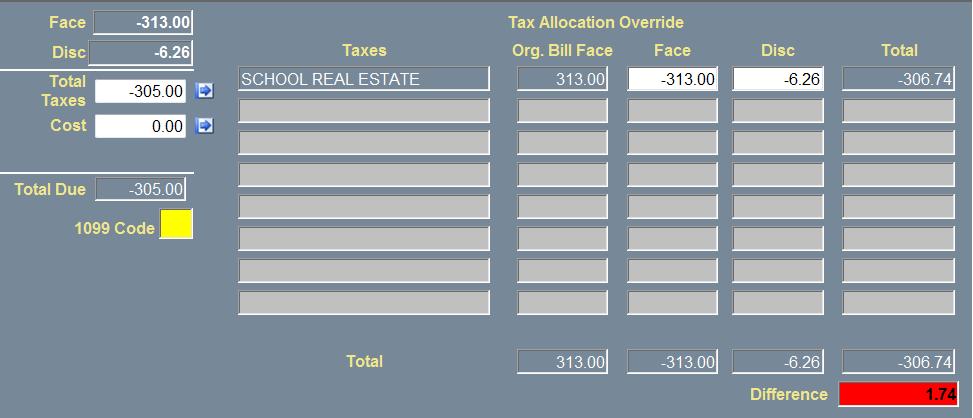 If you change the Total Taxes amount, you must click on the next to the field to display the Tax Allocation Override screen.