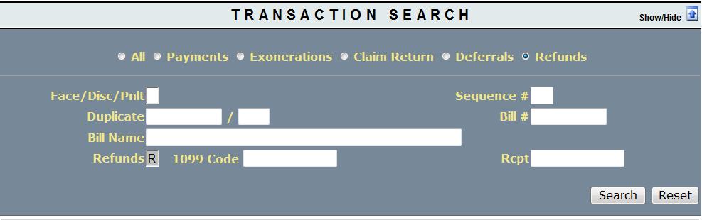 From the main Refunds screen, clicking on Go to Search will bring up the Transaction Search screen. Note: This transaction search will only search through the open batch.