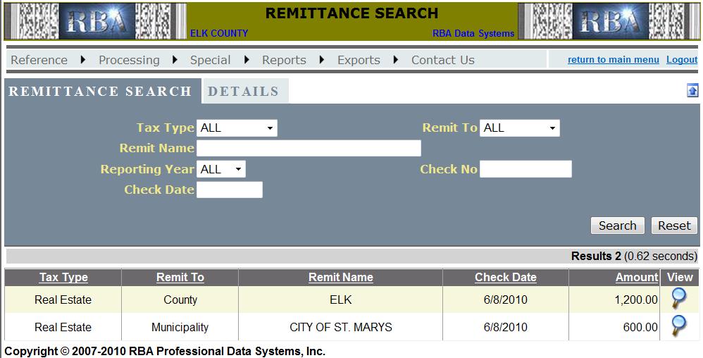 Remittance The Remittance menu item takes you to the screen below. From this screen you can search for existing Remittance transactions and view their details, and add new Remittance transactions.