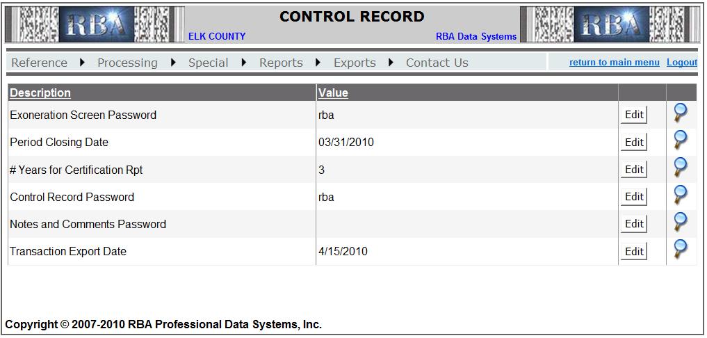 Control Record Control Record is used to manage ecollection software settings.
