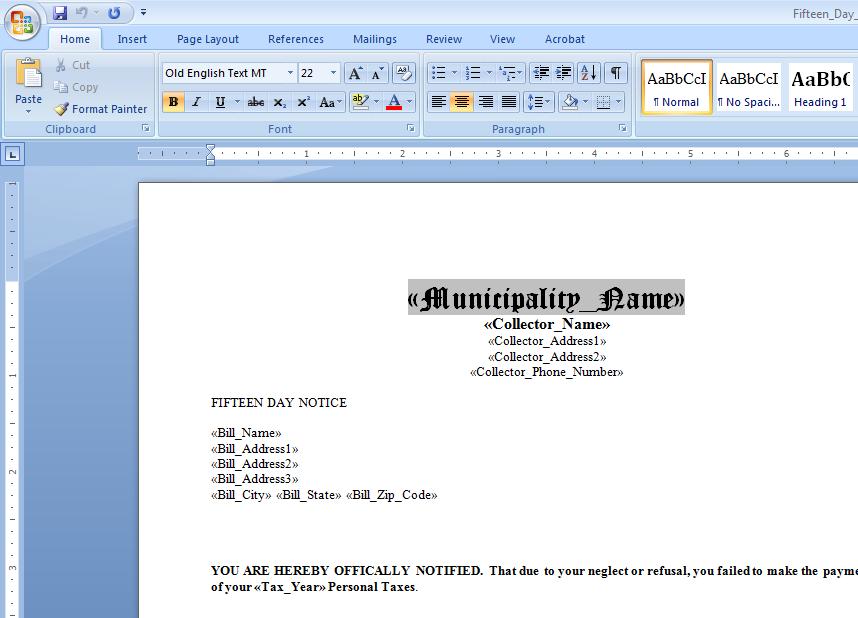 Note that the merge document does not look like a normal Word document.