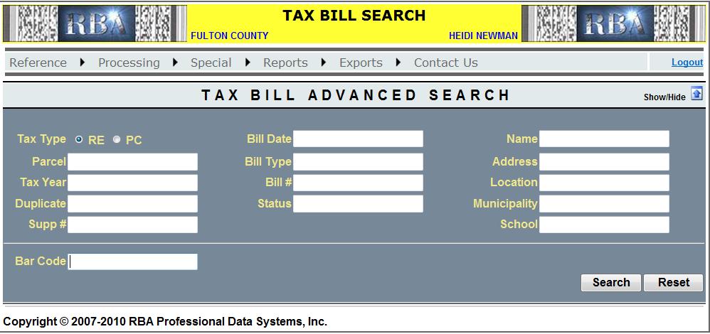 Tax Bill Search Screen Once you login in, you will be taken to the Tax Bill Search Screen 1 2 3 4 5 6 7 8 Sections of the Tax Bill Search Screen 1. Top Menu Selections 2. Navigation Links 3.