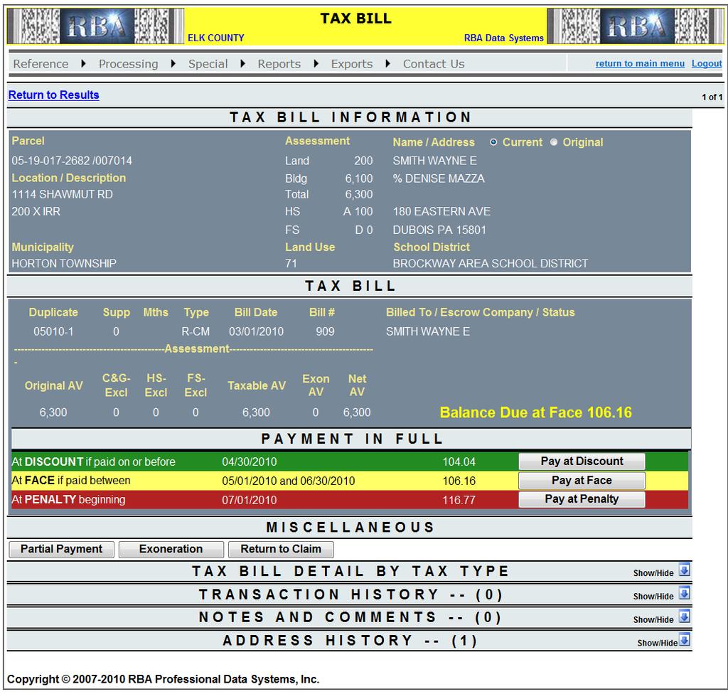 The tax bill screen showing the details of the tax bill will automatically appear. More details regarding the barcode scanner and the tax bill screen will be reviewed later in this manual. 7.