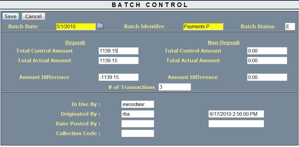This screen will be displayed. Click into the Total Control Amount field. Copy the number from the Total Actual Amount field into the Total Control Amount field.