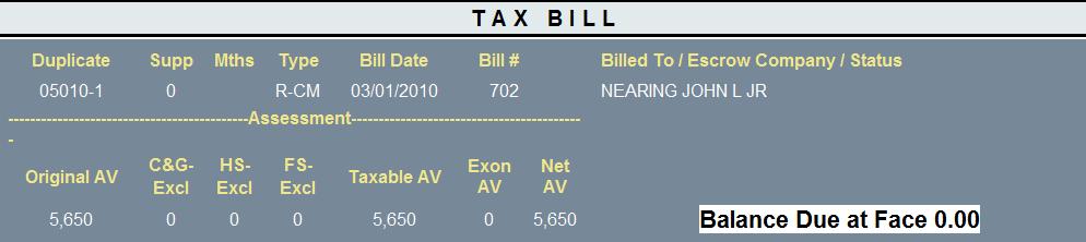 The Tax Bill screen will show the Tax Bill paid