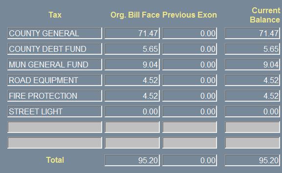 The first section details the Original Bill Face amounts, any Previous Exoneration, and gives you the Current Balance of the tax bill by levy.