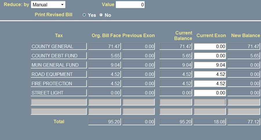 The next example is using the Percentage option. To give a 50% exoneration, enter 50 into the Value field. The $92.50 Tax Bill is reduced to $47.59. The $0.01 difference ($95.20 / 2 = $47.