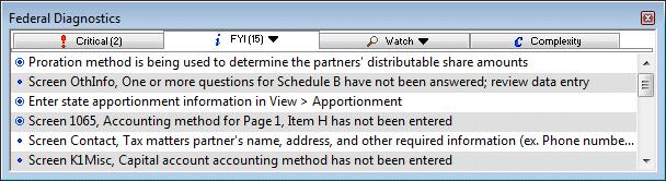 2. Click the FYI tab, and then click the Select a method of accounting for Page 1, Item H in Screen 1065 diagnostic message.