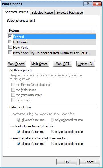 ACTIONS You are at the Print Returns dialog. 1. Click the Options button to open the Print Options dialog. UltraTax CS may take a few moments to calculate the list of forms to print. 2.