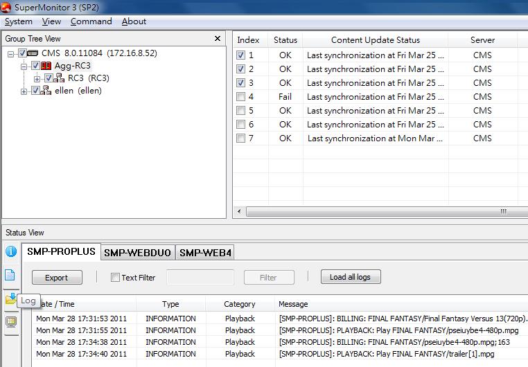 6-2 Log page You can retrieve SMP player s Log records and view them in SuperMonitor 3. 111 Start SuperMonitor 3 and login. 222 Tick the check-box in " Group Tree View".