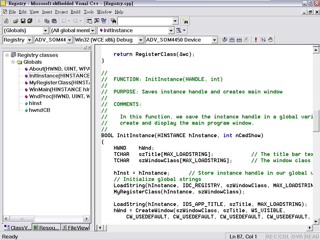 8. Double Click on the InitInstance item to open it in the editor. 9. The following is the code for the case modified.