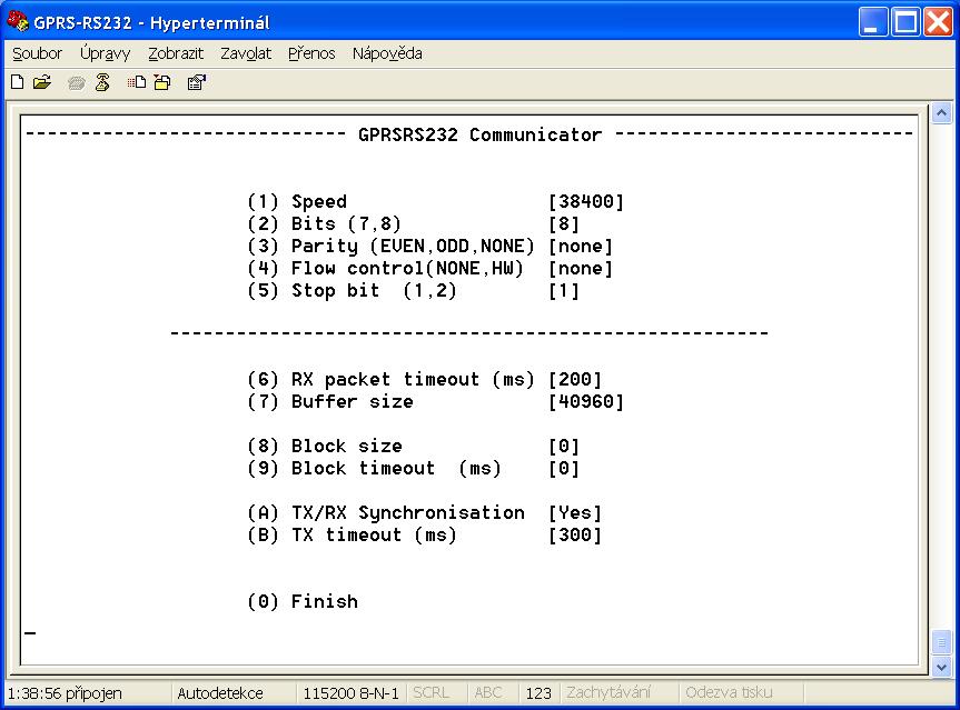 After setting all the parameters return to previous menu by pressing <0> and by pressing <3> enter the RS232 menu.
