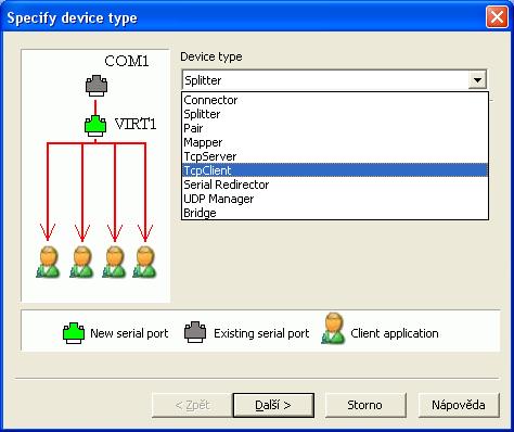 Further in menu Device choose Create and in the list Device type choose TcpClient choice and press the Next button.