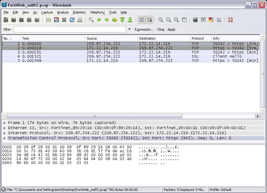 Figure 3: Viewing sniffer output in Wireshark For additional information on packet capture, see the Fortinet Knowledge Base article