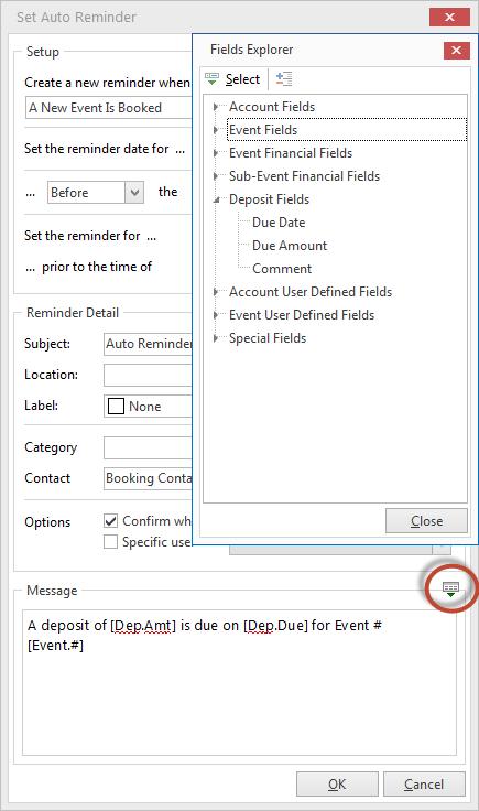 2 Inserting Dynamic Merge Fields into an Auto-Reminder Message You can create custom auto-reminders which dynamically merge information from the event, such as the event number, revised date, etc.