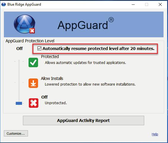 is the main AppGuard user interface which describes the basic Protection Levels. Click on the AppGuard icon to open the window. Protected: All trusted applications are protected.