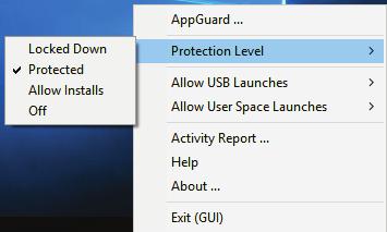 The AppGuard service continues to protect your system, but GUI alerts and notifications are suppressed.