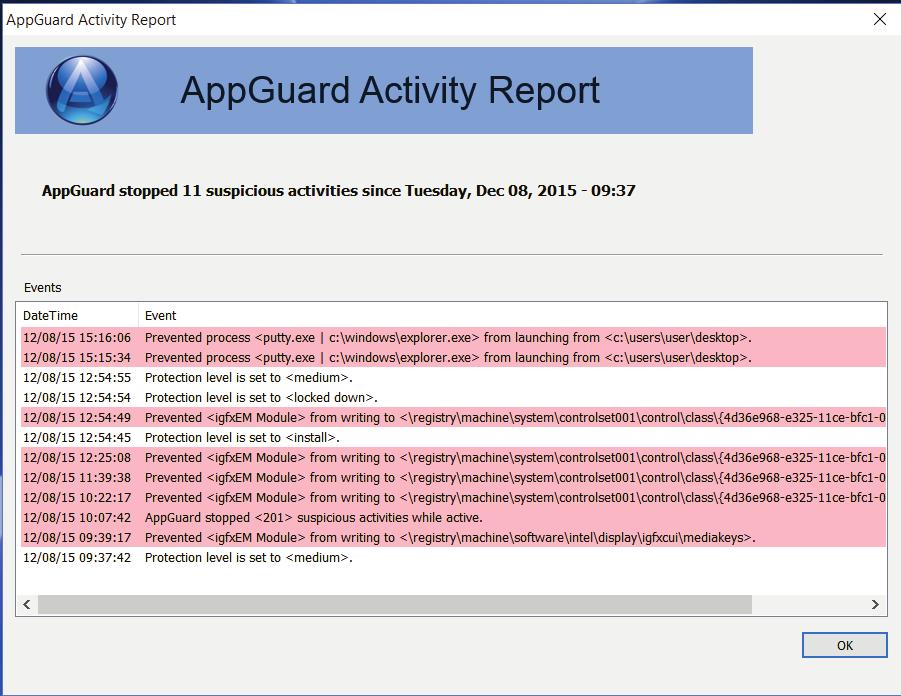 Malware-blocking events are found here. When the AppGuard tray icon is flashing, open the AppGuard user interface to find out what is happening. Blocking actions are highlighted in red.