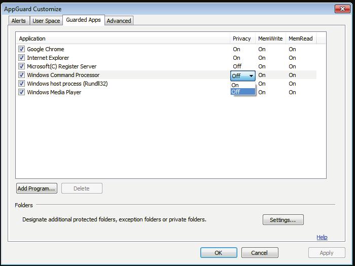 To change the Privacy Mode or Memory settings, select the Application and change the appropriate column to On or Off: