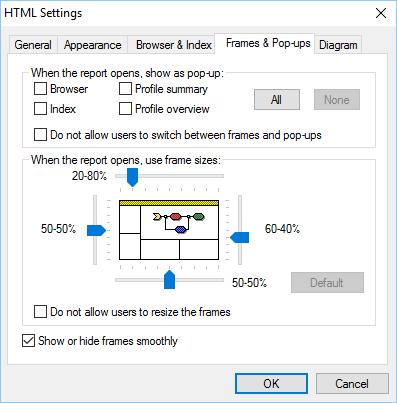 3.2.4 Frames & Pop-ups tab The use of frames and pop-ups in the HTML report can be configured on the Frames & Pop-ups tab of the HTML settings window. Figure 3.