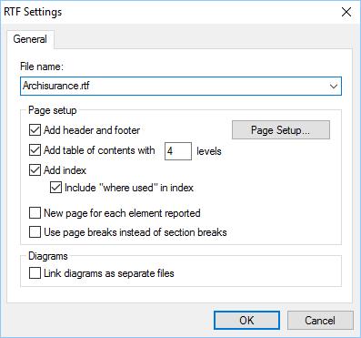 Figure 3.7 RTF settings for reporting models 3.3.1 Page setup The page setup settings deal with the layout of the report.