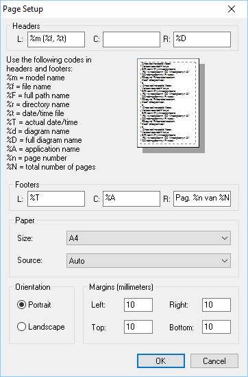 Figure 3.8 Page setup settings There are three places where text and special codes can be filled in. These places represent the locations in the header and footer: left (L), center (C) and right (R).