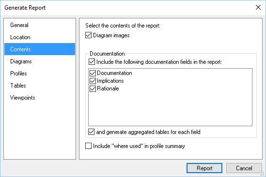 included. Beside single documentation fields (for every model element), all documentation fields of the same kind can be reported in one table.