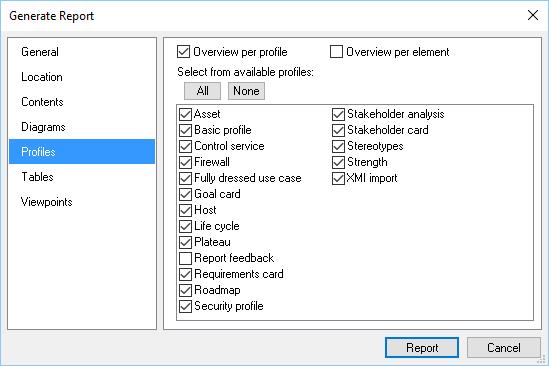 Figure 3.12 Profile settings for reporting models Overview per profile: The information for every diagram will be ordered according to the existing profiles.