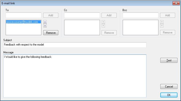 Figure 4.5 Settings for report feedback link In this window you can specify the recipient(s), the message subject and the initial message text. Only the To specification is mandatory.