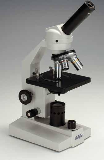 Microscopes 141 Microscope, model 100 FL Robust low-priced student monocular microscope with achromatic par focal DIN standard objectives mounted on revolving nosepiece and vertical stage with stage