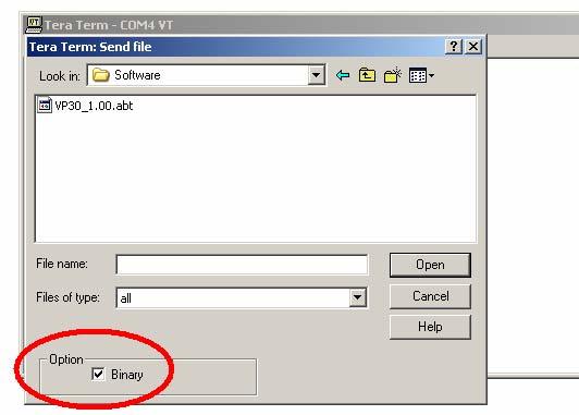 Make sure Binary mode is selected. Locate the '.abt' file to download. Only files with an '.abt' extension should be loaded. If any other file is loaded, an error will occur.