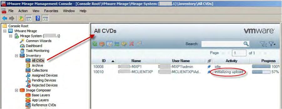 The All CVDs list appears in the right pane. Figure 38: Progress of Endpoint Centralization in the MMC The Activity field displays the progress of the desktop image upload.