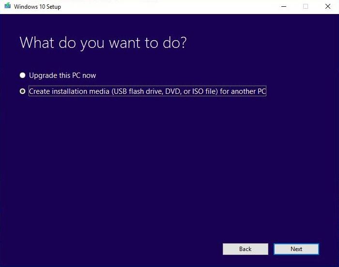 page, click Create installation media for another PC, and then
