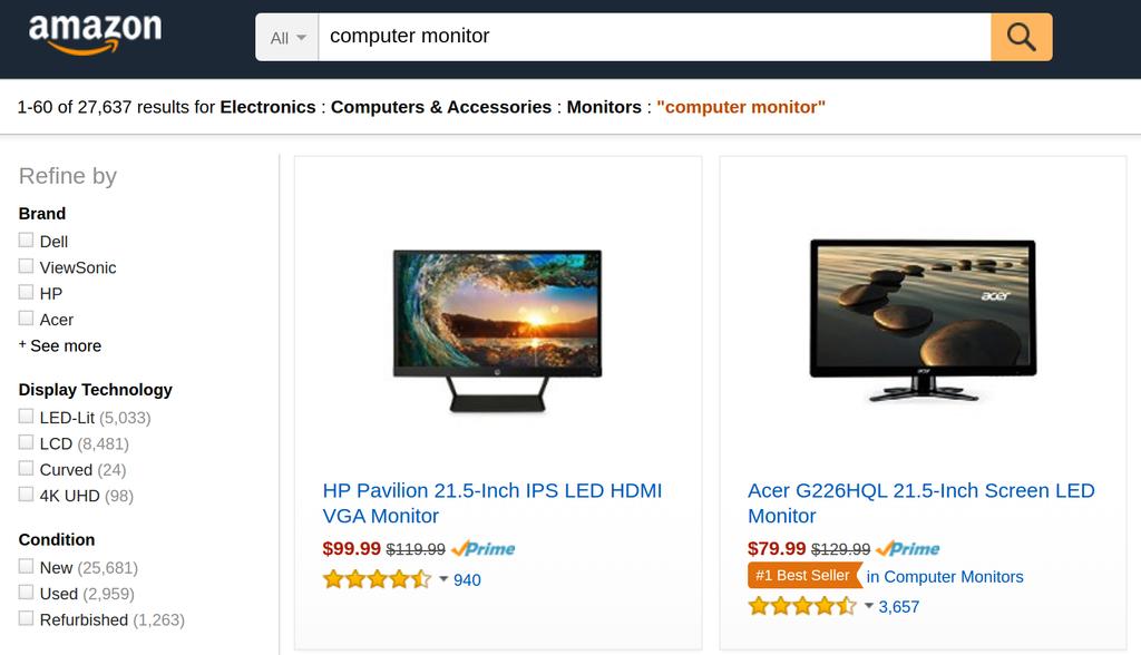 narrow down the search results (faceted navigation). Next we explain what are facets. Figure 2.2: Faceted search illustrated by an example searching computer monitor in Amazon.