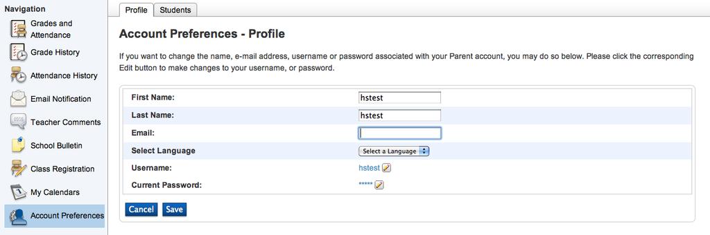 The Account Preferences page is where you manage your profile and students.