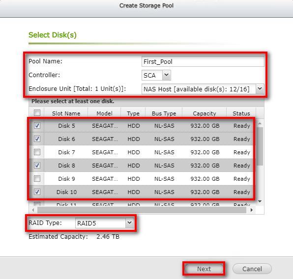 RAID configuration for the new storage pool, then click Next.