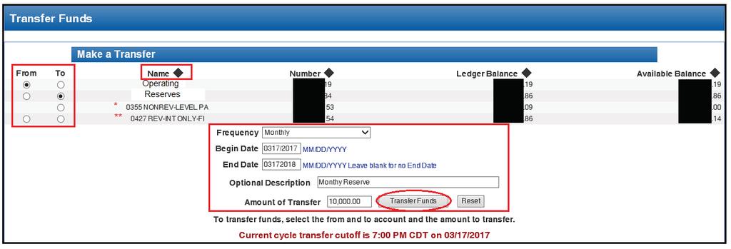 SECTION 4 TRANSFER FUNDS TRANSFER FUNDS Transfer Funds tab allows you to transfer monies internally between user enabled accounts/loans (if applicable).
