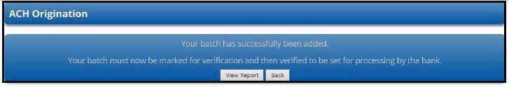 notification that your batch has been successfully added and given the option to View Report or go Back.