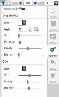 Use the sliders to adjust the Blur, Distance, Opacity and Strength for your Drop Shadow Use the drop-downs to select the Color for your Glow.