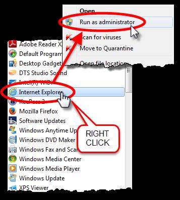 3. Right-click on Internet Explorer and select Run as administrator. 4.