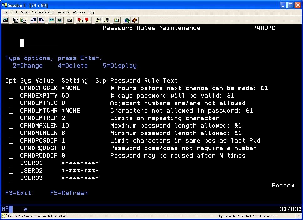 39 Work With Password Rules Display If the SHOWRULES parameters on the iresetme values (option #9 on the INSTALL menu) is set to *YES, this menu option will give you control over how they appear.
