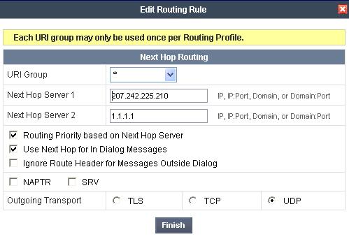 6. Click Finish Figure 86: Routing Next Hop Server 2 7.8.3. Step 3: Configure End Point Flows SIP_Trunk_backup 1. Select Device Specific Settings from the menu on the left-hand side 2.