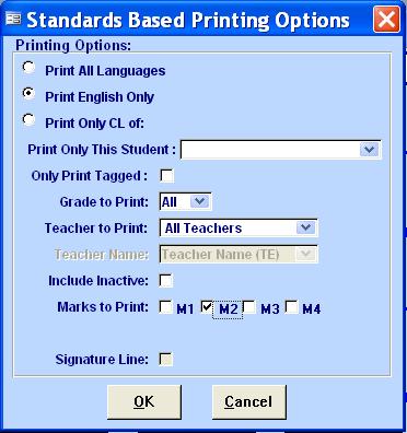 The Standards Based Missing Mark Report will print a detailed listing of all students that do not contain a mark for all categories or standards. Once you have clicked on the M.